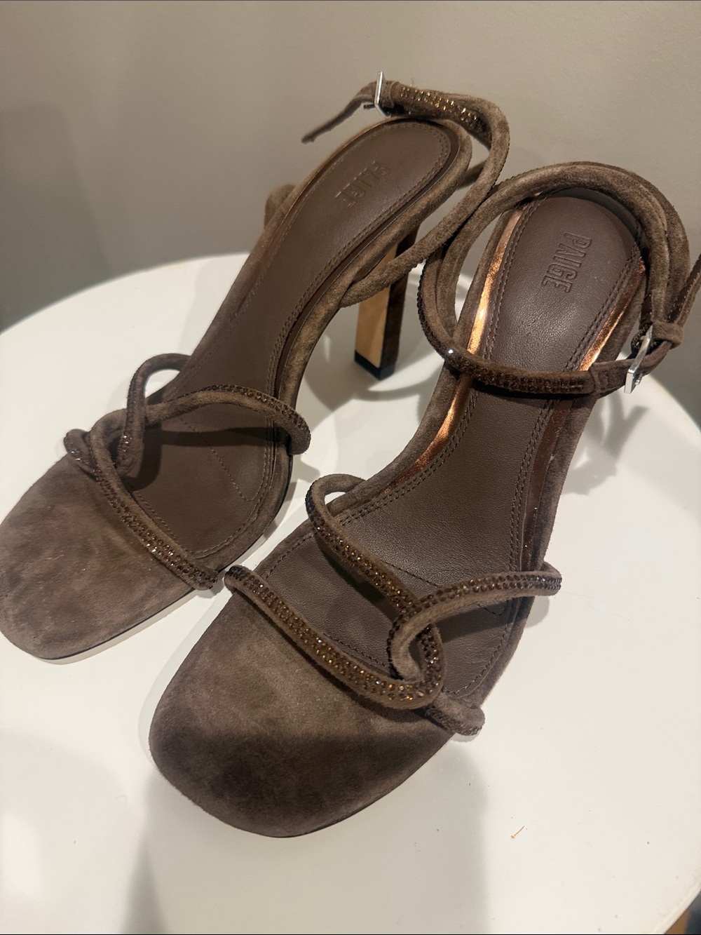 PAIGE Brown Suede Strappy High Heel Sandals